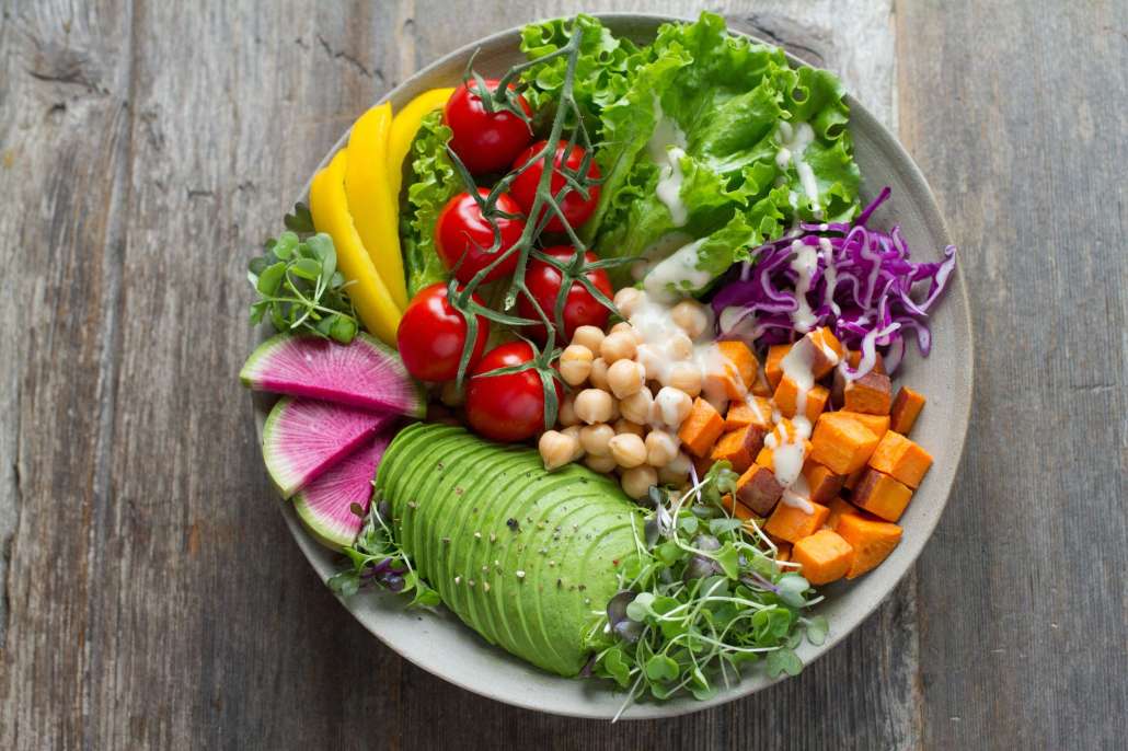 For Food Marketing purposes, this image showcases a decorative image of a bowl of fruits and veggies for social media content. 